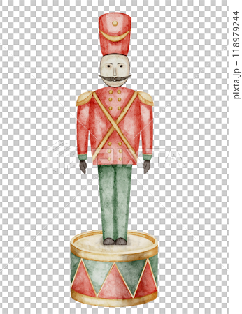 Soldier Toy on a drum watercolor illustration. Drawing of retro wooden Nutcrackers for Christmas greeting cards or New Year invitations. Childish element for Xmas Baby design. Art for postcards. 118979244