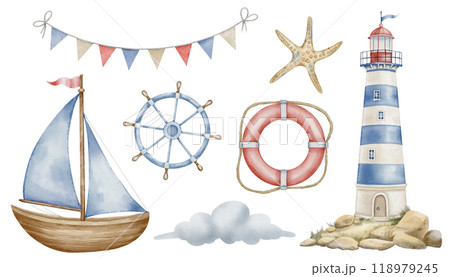 Watercolor clipart set with Lighthouse and ship for Baby party greeting card or nursery wall art. Drawing of beacon and sailboat in pastel blue and beige colors on isolated background. Childish design 118979245