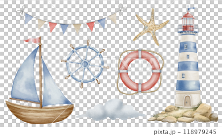 Watercolor clipart set with Lighthouse and ship for Baby party greeting card or nursery wall art. Drawing of beacon and sailboat in pastel blue and beige colors on isolated background. Childish design 118979245