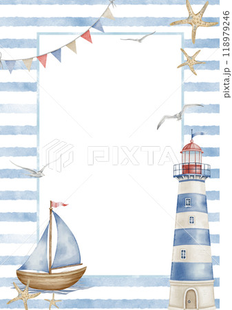 Watercolor Template with Lighthouse and ship for Baby greeting cards or childish invitations. Drawing of Frame with sailboat and beacon in pastel blue and beige colors. Nautical illustration. 118979246