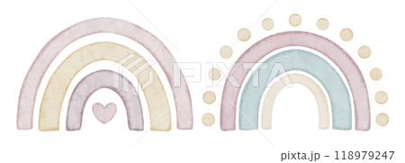 Rainbows watercolor illustration in pastel pink and yellow colors for Baby shower invitation or childish birthday cards. Drawing for kids wall art or girls posters. Element on isolated background. 118979247