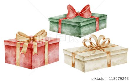 Gift Boxes watercolor illustrations set. Drawing of Presents with ribbons and bows for Christmas or New Year design. Art of surprise package for Birthday greeting cards or invitations. Red and green. 118979248