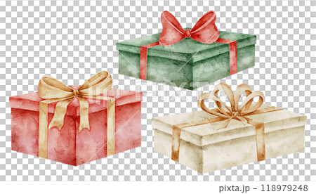 Gift Boxes watercolor illustrations set. Drawing of Presents with ribbons and bows for Christmas or New Year design. Art of surprise package for Birthday greeting cards or invitations. Red and green. 118979248