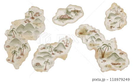 Maps of Islands watercolor illustrations set. Drawing of continent for Baby greeting cards or childish par ty invitations in pastel colors. Bundle for kids wall art with geographical elements. 118979249