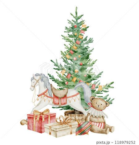 Christmas tree with baby Toys and gift boxes watercolor illustration. Illustration of fir evergreen tree with rocking Horse, teddy bear and presents for childish greeting cards or kids invitations. 118979252