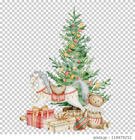 Christmas tree with baby Toys and gift boxes watercolor illustration. Illustration of fir evergreen tree with rocking Horse, teddy bear and presents for childish greeting cards or kids invitations. 118979252