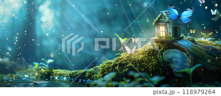 屋根の上で羽を休める青い蝶 118979264