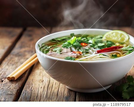 Vietnamese pho with fresh herbs, noodles, and a hint of lime Vietnamese pho with fresh herbs, noodles, and a hint of lime 118979517