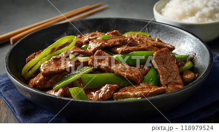 Beef stir-fry with green peppers and rice on the side 118979524