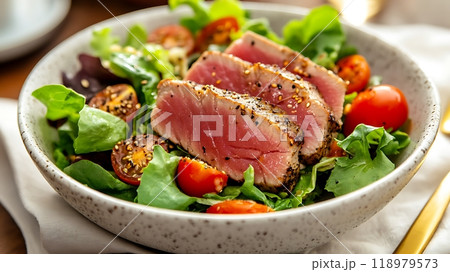 Fresh tuna salad with cherry tomatoes and greens 118979573