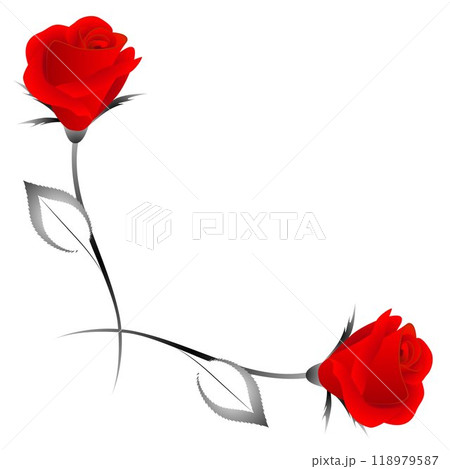 Corner ornament with red roses and leaves, design element. 118979587