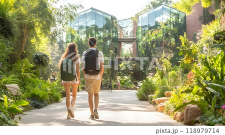 A couple walks through the city. Urbanism and nature nearby 118979714