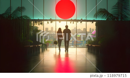 A couple walks through the city. Urbanism and nature nearby 118979715