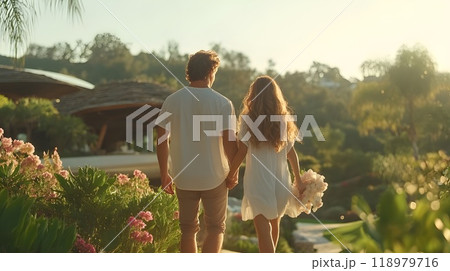 A couple walks through the city. Urbanism and nature nearby 118979716