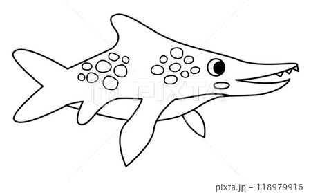 Vector black and white ichthyosaurus icon. Aquatic dinosaur line illustration for kids. Crocodile, alligator dino clipart isolated on white background. Cartoon prehistoric sea animal coloring page 118979916
