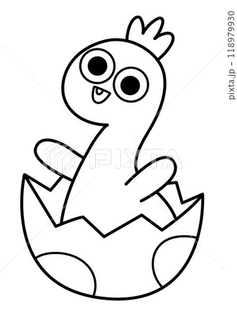 Vector black and white baby brachiosaurus icon hatching from egg. Little newborn dinosaur line illustration for kids. Dino kid clipart for children. Prehistoric animal coloring page 118979930