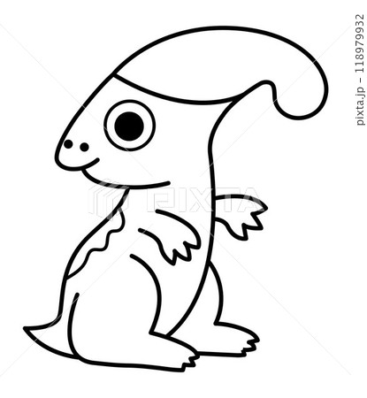 Vector black and white baby parasaurolophus icon. Cute little dinosaur line llustration for kids. Dino kid clipart for children isolated on white background. Cartoon prehistoric animal coloring page 118979932