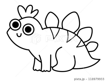 Vector black and white baby stegosaurus icon. Cute little dinosaur line illustration for kids. Funny dino kid clipart for children isolated on white background. Cartoon prehistoric animal coloring Vector black and white baby stegosaurus icon. Cute little dinosaur line illustration for kids. Funny dino kid clipart for children isolated on white background. Cartoon prehistoric animal coloring 118979933