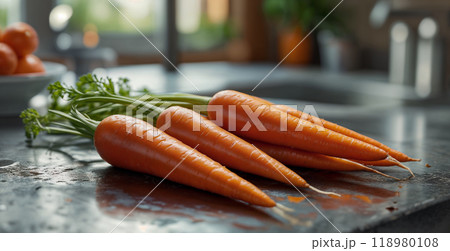 Fresh vegetable harvest: a bunch of carrots on the table on the background of a modern kitchen. Close-up, side view 118980108