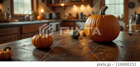 Fresh harvest of traditional autumn vegetable, fruit or berry - large orange pumpkin on table against modern kitchen background. Close-up, side view 118980151