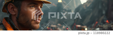 Portrait of a male miner in a protective helmet and gray-orange uniform in a coal mine or quarries extracting minerals. Mining industry 118980222