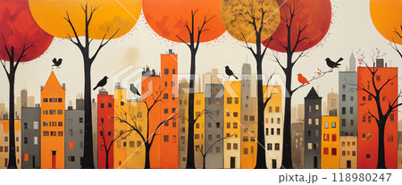 A picture of an autumn cityscape with colorful buildings and skyscrapers, whimsical trees and birds. The picture seems to be painted with paints in the style of surrealism 118980247