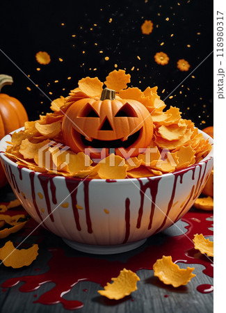 A Halloween breakfast or dinner of cornflakes in a bowl with something red hinting at blood in the shape or form of a carved pumpkin with a sinister smiley face. Close-up 118980317