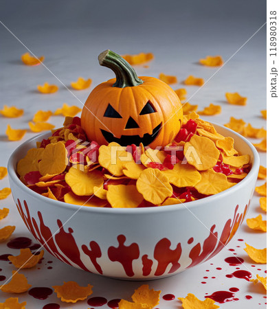 A Halloween breakfast or dinner of cornflakes in a bowl with something red hinting at blood in the shape or form of a carved pumpkin with a sinister smiley face. Close-up 118980318