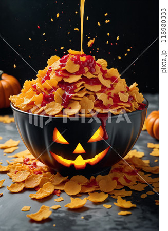 A Halloween breakfast or dinner of cornflakes in a bowl with something red hinting at blood in the shape or form of a carved pumpkin with a sinister smiley face. Close-up 118980333