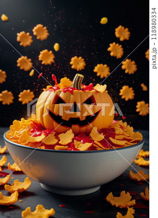 A Halloween breakfast or dinner of cornflakes in a bowl with something red hinting at blood in the shape or form of a carved pumpkin with a sinister smiley face. Close-up 118980334