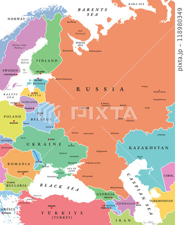 Eastern Europe and Western Asia, multi colored political map with capitals, borders and largest cities. With Black Sea, Caspian Sea, European Russia, and a small part of Central Asia. Illustration. Eastern Europe and Western Asia, multi colored political map with capitals, borders and largest cities. With Black Sea, Caspian Sea, European Russia, and a small part of Central Asia. Illustration. 118980349