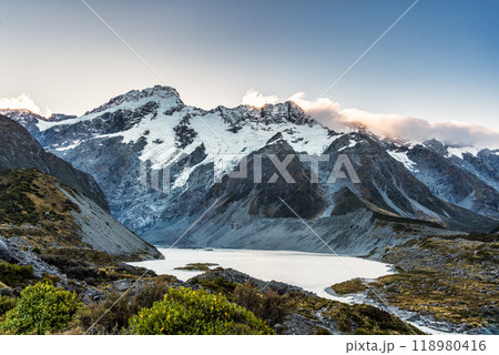 View of Mount Cook with mountain range and lake in Hooker Valley Track at New Zealand 118980416
