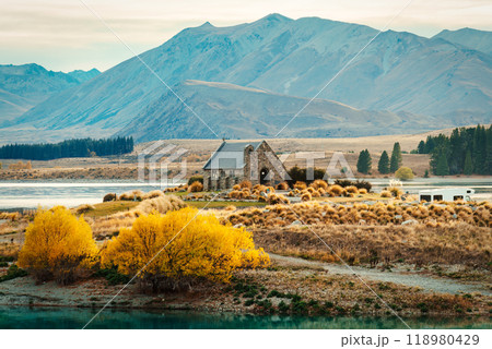 Church of the Good Shepherd with mountain background in autumn at Lake Tekapo, New Zealand Tekapo, New Zealand 118980429