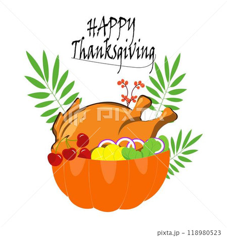 Thanksgiving theme illustration with roast turkey, pumpkin, autumn leaves and pilgrim hat, perfect for a variety of festive products. Thanksgiving theme illustration with roast turkey, pumpkin, autumn leaves and pilgrim hat, perfect for a variety of festive products. 118980523