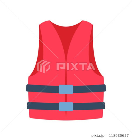 Life rescue jacket, red vest with belts isolated on white background. Clothes for safety, uniform for lifeguard, water security. Vector illustration. 118980637