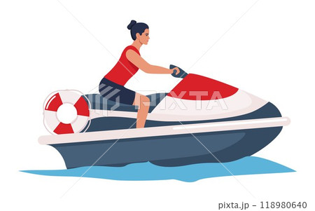 Beach lifeguard drives water scooter, looking for people to rescue. Rescuer patrols sea on jet ski. Personal watercraft to provide emergency aid, lifesaving. Vector illustration. 118980640