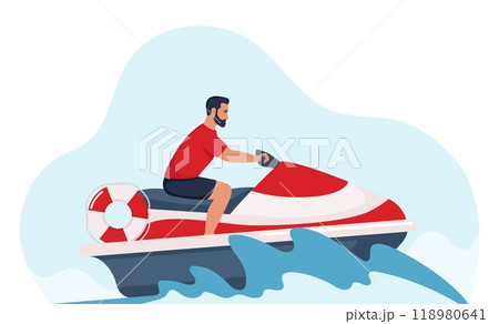 Beach lifeguard drives water scooter, looking for people to rescue. Rescuer patrols sea on jet ski. Personal watercraft to provide emergency aid, lifesaving. Vector illustration. Beach lifeguard drives water scooter, looking for people to rescue. Rescuer patrols sea on jet ski. Personal watercraft to provide emergency aid, lifesaving. Vector illustration. 118980641