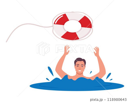 Drowning man sticking out of the water trying to catch lifebuoy. Safety and urgent help. Rescue on water. Giving lifebuoy to drowning man. Vector illustration. 118980643