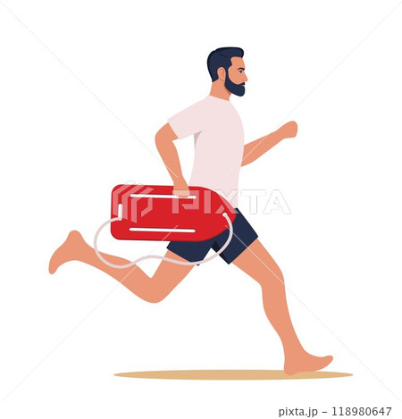 Man lifeguard runs along beach to save life of man in need of help is drowning in sea. Guy works as lifeguard. Vector illustration. 118980647