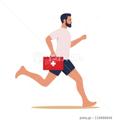 Man lifeguard runs along beach to save life of man in need of help is drowning in sea. Guy works as lifeguard. Vector illustration. 118980648