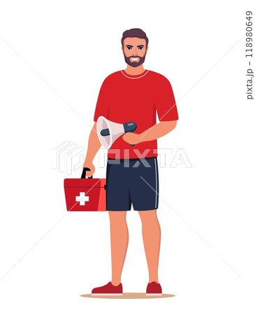 Professional beach lifeguard standing with loudspeaker and red medical first aid kit box. Young man works in emergency aid on the beach. Security staff, safety on water worker. Vector illustration. 118980649