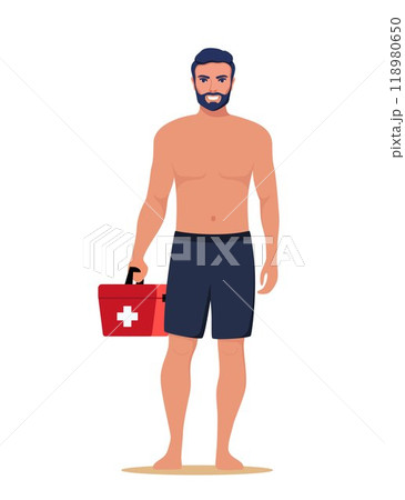 Professional beach lifeguard standing with red medical first aid kit box. Young man works in emergency aid on the beach. Security staff, safety on water worker. Vector illustration. Professional beach lifeguard standing with red medical first aid kit box. Young man works in emergency aid on the beach. Security staff, safety on water worker. Vector illustration. 118980650