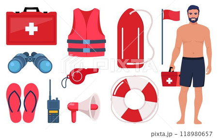 Beach lifeguards equipment set. Loudspeaker, sunglasses, lifebuoy, lifeguards tower, first aid kit, life rescue jacket, binoculars, whistle, stretcher. Vector illustration. 118980657
