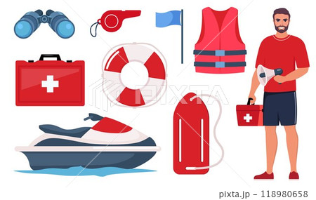 Beach lifeguards equipment set. Loudspeaker, sunglasses, lifebuoy, lifeguards tower, first aid kit, life rescue jacket, binoculars, whistle, stretcher. Vector illustration. 118980658