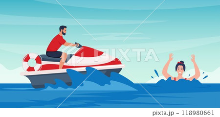 Beach lifeguard drives water scooter, rushing to save a drowning man. Rescuer provides emergency aid, lifesaving. Vector illustration. Beach lifeguard drives water scooter, rushing to save a drowning man. Rescuer provides emergency aid, lifesaving. Vector illustration. 118980661