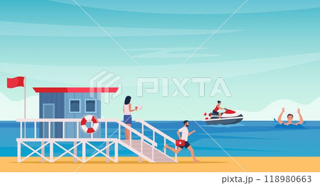 Beach lifeguard drives water scooter, rushing to save a drowning man. Lifeguard tower on the beach. Rescuers provide emergency aid, lifesaving. Vector illustration. Beach lifeguard drives water scooter, rushing to save a drowning man. Lifeguard tower on the beach. Rescuers provide emergency aid, lifesaving. Vector illustration. 118980663
