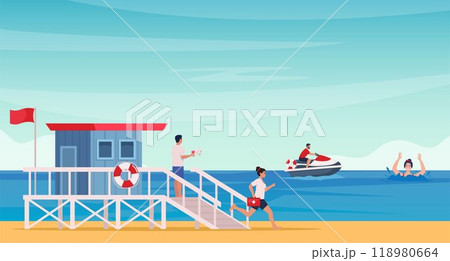 Beach lifeguard drives water scooter, rushing to save a drowning man. Lifeguard tower on the beach. Rescuers provide emergency aid, lifesaving. Vector illustration. Beach lifeguard drives water scooter, rushing to save a drowning man. Lifeguard tower on the beach. Rescuers provide emergency aid, lifesaving. Vector illustration. 118980664