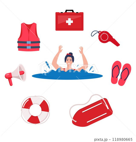 Drowning woman and beach lifeguards equipment set. Vector illustration. Drowning woman and beach lifeguards equipment set. Vector illustration. 118980665