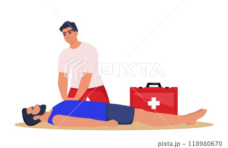 Beach lifeguard performs indirect heart massage to drowning man rescued from the water. Emergency drowning assistance situation. Cardio Pulmonary Resuscitation. Vector. Beach lifeguard performs indirect heart massage to drowning man rescued from the water. Emergency drowning assistance situation. Cardio Pulmonary Resuscitation. Vector. 118980670