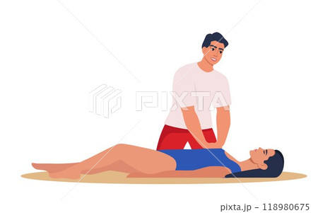 Beach lifeguard performs indirect heart massage to drowning woman rescued from the water. Emergency drowning assistance situation. Cardio Pulmonary Resuscitation. Vector. 118980675